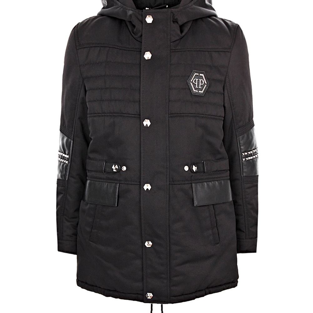 Philipp Plein Black Quilted Hooded Puffer Parka with Studded Sleeves